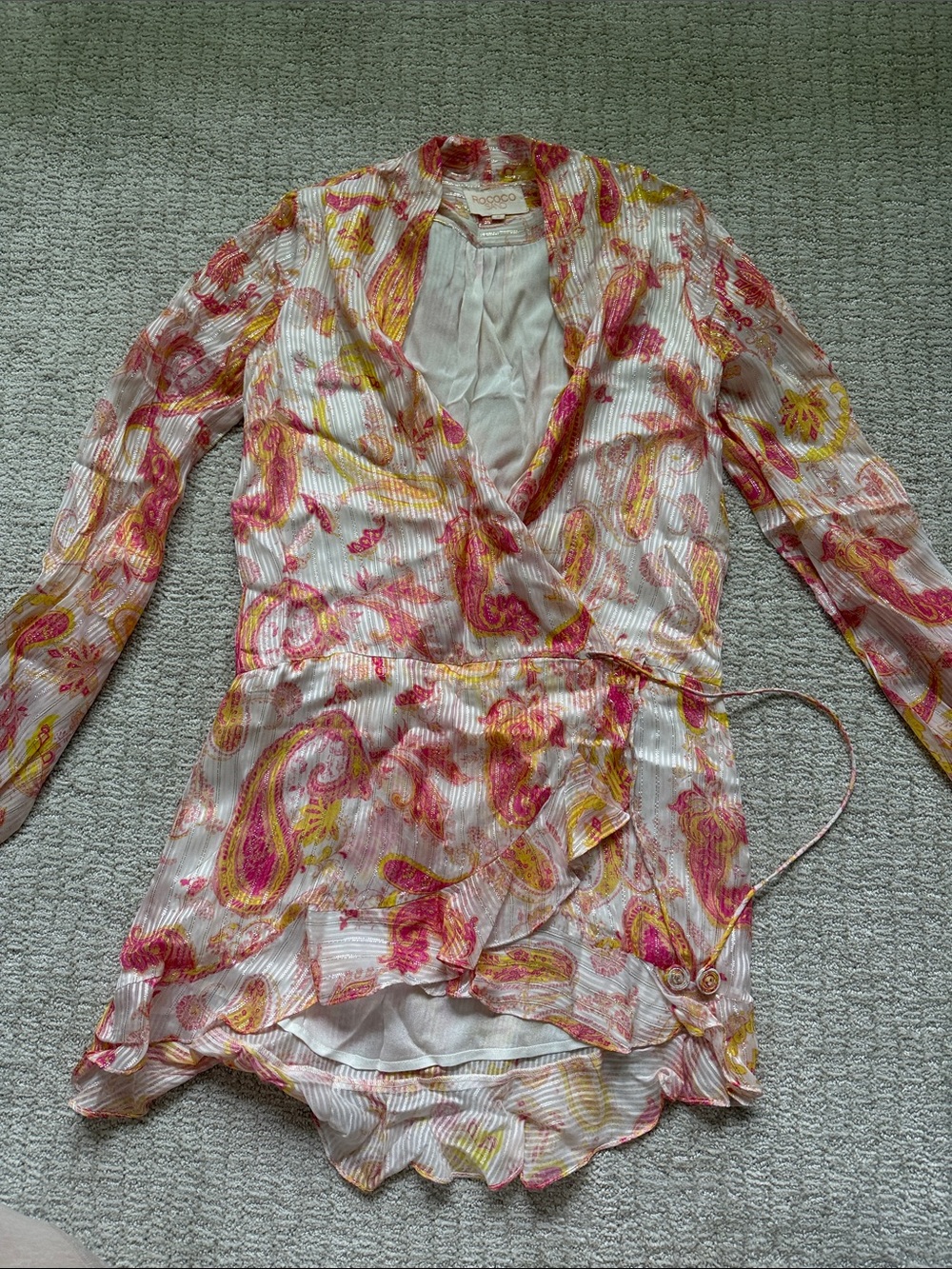 Rococo Sand Pink & Yellow Paisley Wrap Mini Dress